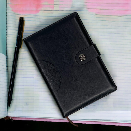 Black Button Closure PU Leather Diary