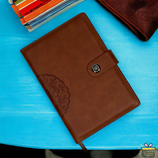 Brown Button Closure PU Leather Diary