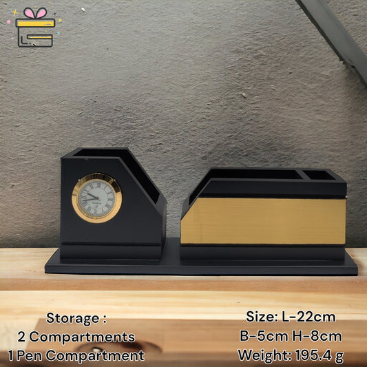 Black Unique Wooden Desk Organizer with Clock - Customizable