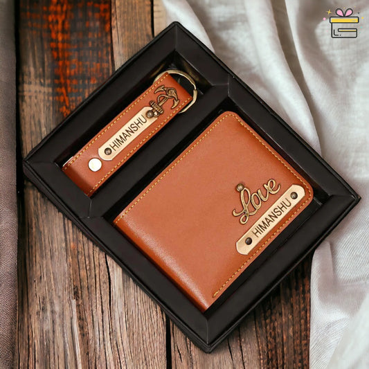 Personalized Tan Brown Wallet & Keychain Gift Set